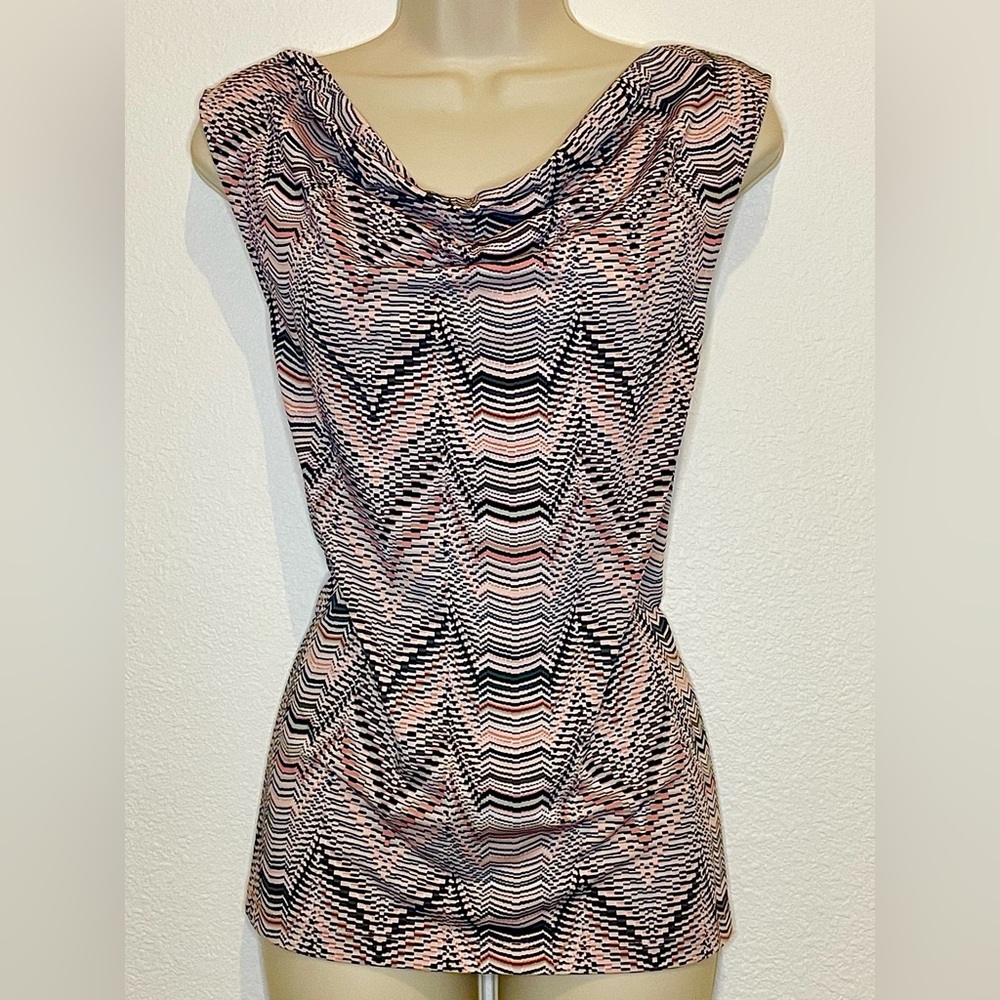 Tahari Chevron Patterned Cowl Neck Sleeveless Top Multi Colored Stretchy Size M